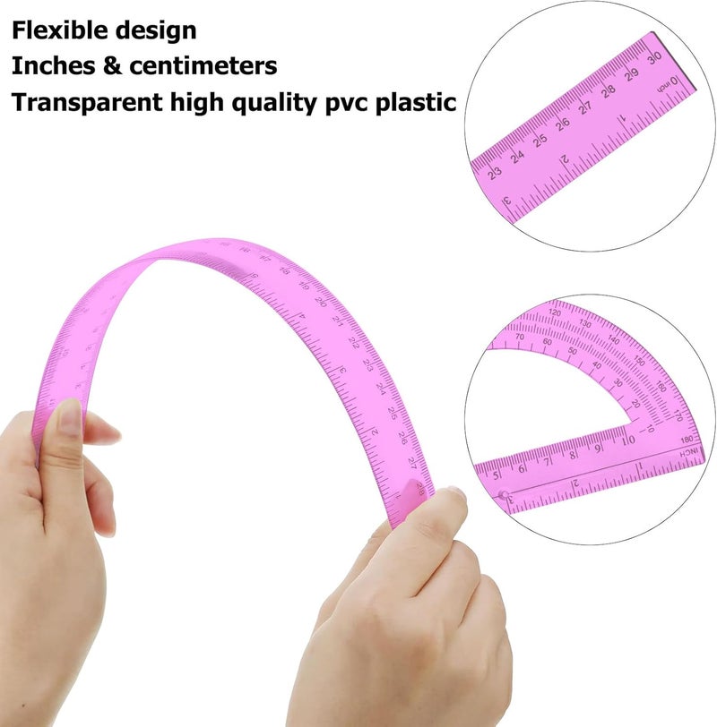 Tdfronien 2 Packs 12 Inch Plastic Ruler and 6 Inch Plastic Protractor Set Clear Math Geometry Set Classroom Set Angle Detector School Supplies Classroom Ruler Home Office Drawings (Pink) - Image 3